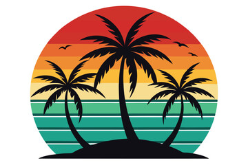 Silhouetted palm trees sit on a sunset and ocean landscape background with flying birds