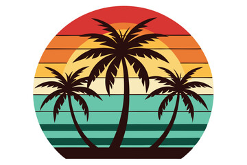 Obraz premium Retro sunset background showcases three dark silhouette palm trees on a tropical beach