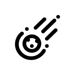 Stylized comet icon with circular body trailing lines and dots in black and white simple design style
