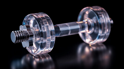 Obraz premium A clear dumbbell with silver accents resting on a reflective black surface studio shot