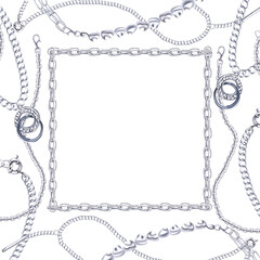 Square frame with interwoven chains, pendants, pearls, silver pendants. Watercolor illustration is hand-drawn for packaging design, interior design, printing on fabric.