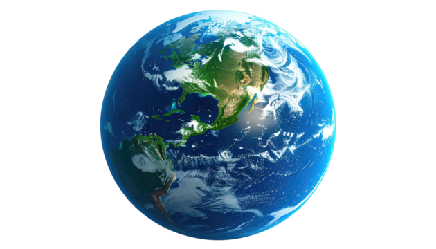 A detailed, slightly pixelated, globe-shaped image of Earth.  A vibrant blue ocean covers most of the sphere, with light green landmasses, and white cloud formations. 