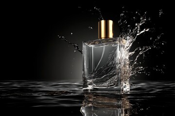 Clear glass perfume bottle, water splash