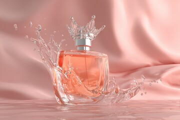 Clear glass perfume bottle, water splash, peach hue