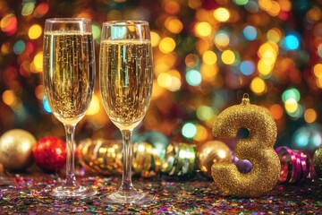 Festive champagne flutes, celebratory lights, and a golden number 3