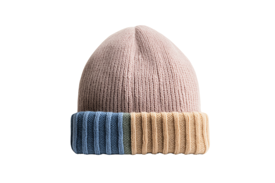 Stylish knitted beanie hat with a pastel color palette. Ideal for cold weather and fashionable winter outfits.
