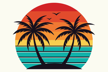 Black palm tree silhouettes sit on island with vibrant retro sun and flying birds