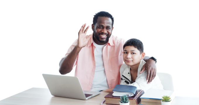 African American man is teacher or tutor teaching with laptop for Caucasian student boy or pupils in classroom at school. Education and technology for online internet concept