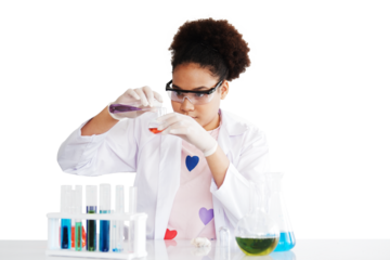 African American girl learning science and test chemical for liquid in the lab classroom of school. She studying and learning experiment science in the laboratory. Education concept