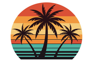 Obraz premium Three black palm trees silhouette stand against a bright striped sunset backdrop, creating a serene scene