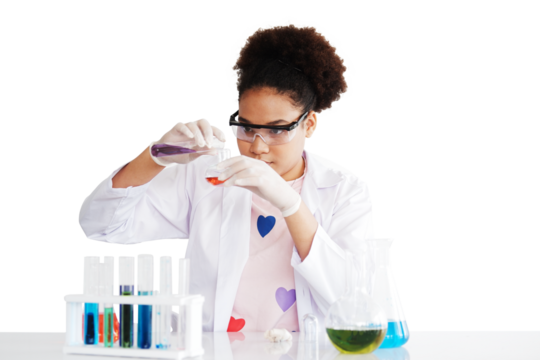 African American girl learning science and test chemical for liquid in the lab classroom of school. She studying and learning experiment science in the laboratory. Education concept