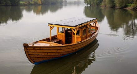 Obraz premium Wooden Boat with Solar Panel on River