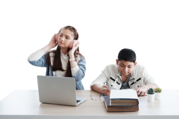 Smiling couple Caucasian girl listening to music with headphone and boy is friends writing and learning online with laptop together in classroom of school. Education cancept