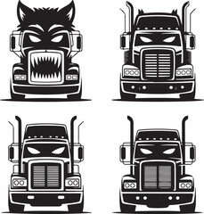 Four Truck Frontal Illustrations With Wolf And Eyes On White Background semi truck tractor