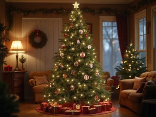 Cozy living room decorated for Christmas with a beautifully lit tree and festive atmosphere