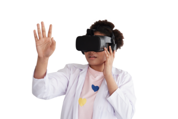 African American girl learning and wearing virtual reality headset raising hand in front for studying technology entertainment education and training simulation