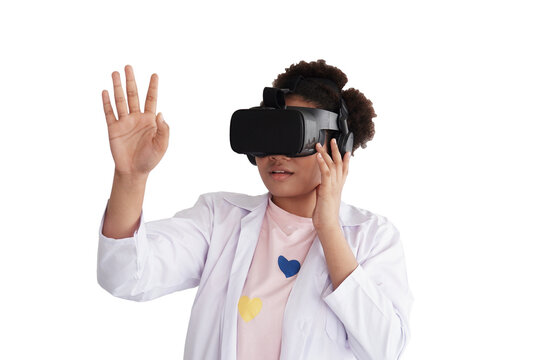 African American girl learning and wearing virtual reality headset raising hand in front for studying technology entertainment education and training simulation  - Powered by Adobe