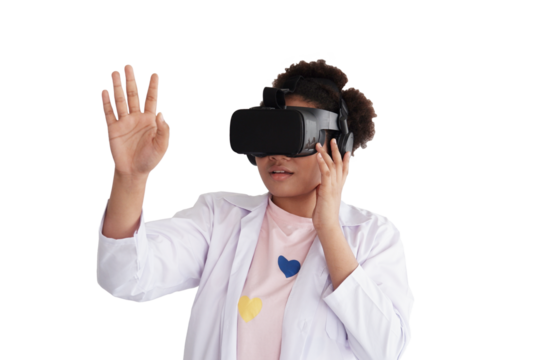 African American girl learning and wearing virtual reality headset raising hand in front for studying technology entertainment education and training simulation 