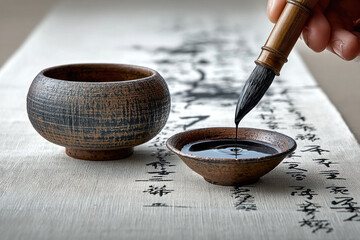 A hand holds a brush above an ink well, preparing to write on rice paper filled with elegant calligraphy