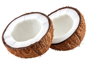 Two halves of a coconut, showing the white flesh inside.  Dark brown, fibrous husk encases the fruit.  Fresh and whole, perfect for a healthy treat
