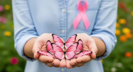 Person with a pink ribbon holding pink butterflies. Concept of hope, transformation, and support for breast cancer survivors.