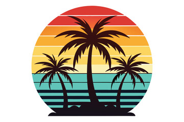 Silhouette of vibrant palm trees stands against retro gradient sunset backdrop creating beachy vibes