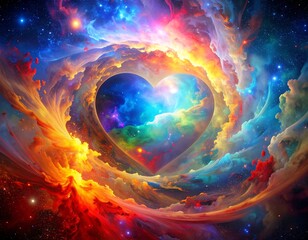 Colorful heart-shaped nebula in swirling cosmos