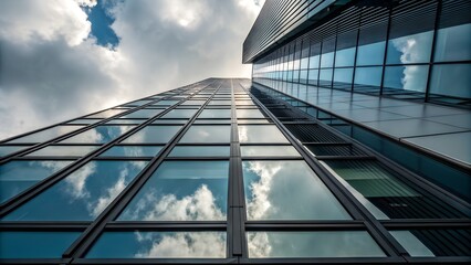 Obraz premium Glass Skyscraper Reflecting Sky and Clouds – Architecture, Geometry, Urban, Minimalism, Light Play, Conceptual