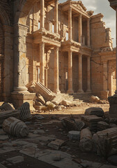 Ancient ruins with crumbled columns and scattered stones in a historical setting