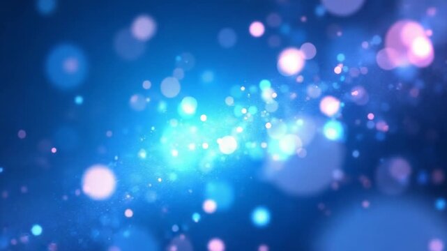 Abstract bright blue background pattern of flying circles of dots and glowing futuristic digital energy magical bright particles