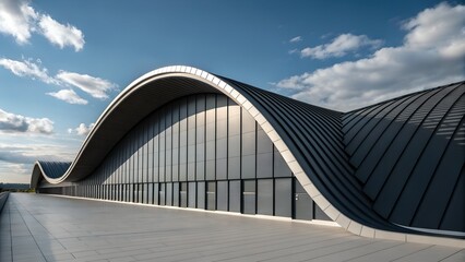 Obraz premium Wave-Like Metal Roof with Glass Facade – Architecture, Geometry, Minimalism, Urban, Light Play, Conceptual