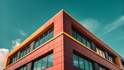 Red Facade Corner with Yellow Trim &ndash; Architecture, Geometry, Minimalism, Urban, Color Contrast, Conceptual