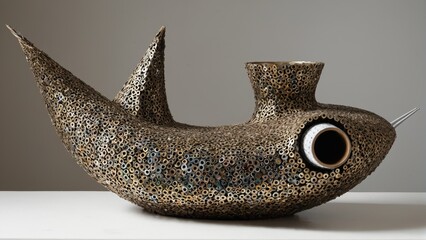 Abstract Fish Sculpture Resembling a Pufferfish, Composed of Metal Pipe Segments and Tubes