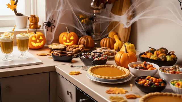 Spooky halloween pumpkin pie and candy buffet warm lighting and festive fall colors autumnal desserts delicious treats