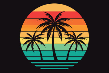 Retro sunset silhouette showcases three detailed palm trees on a colorful circle backdrop