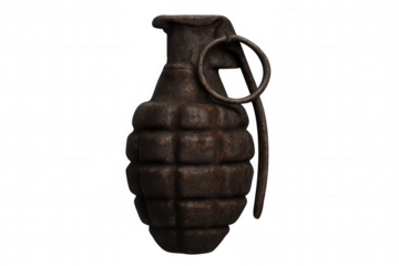 Rusty grenade isolated on transparent background, evoking concepts of war, conflict, and military weaponry