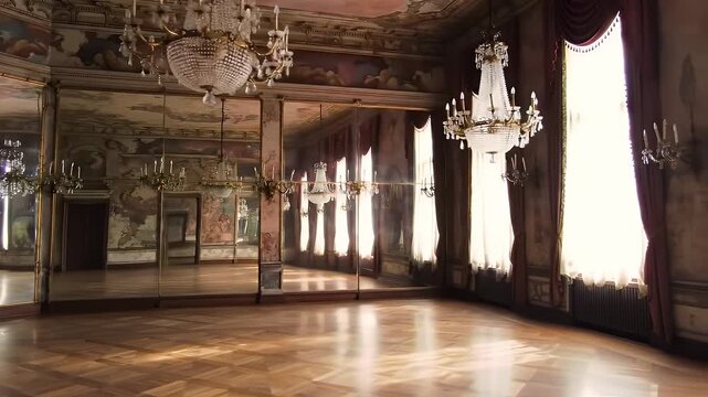 Empty Ballroom Featuring Intricate Ceiling Murals and Crystal Chandeliers