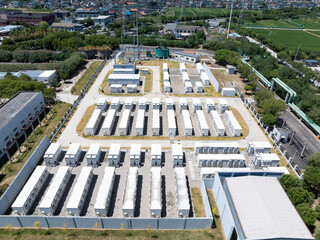 Aerial view of battery energy storage systems under a clear blue sky