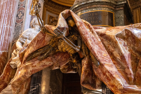 Vatican City, Vatican - July 12 2025: Monument tomb Pope Alexander VII inside St. Peter's Basilica in Vatican design by Gian Lorenzo Bernini with baroque sculptures. Church