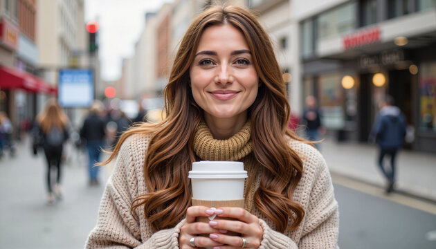 Young woman smiling while holding coffee cup on city street  