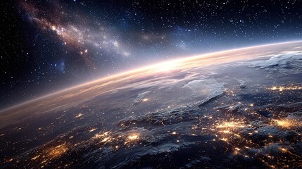 Earth From Space With City Lights At Dawn