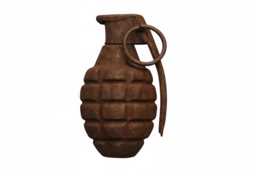 Corroded military grenade lying on clear backdrop, revealing metal deterioration and aging process