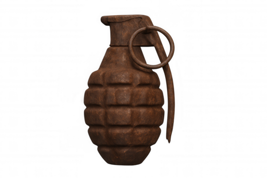 Corroded military grenade lying on clear backdrop, revealing metal deterioration and aging process