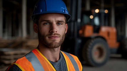 Focused construction worker wearing safety gear in a warehouse setting. Hard hat and hi-vis vest, with a forklift in the background. Safety first!