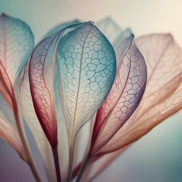 Ramo de hojas transl&uacute;cidas en tonos azul y rosa con nervaduras visibles en estilo art&iacute;stico y et&eacute;reo