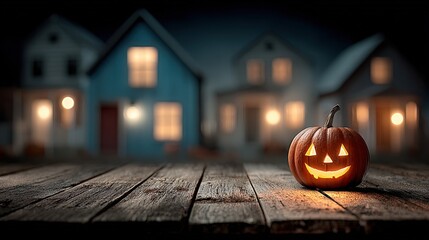 Glowing Jack-O'-Lantern on Rustic Wooden Table