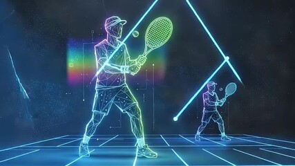 Tennis Match: High-tech illustration of a tennis match, showcasing players in vibrant neon outlines, capturing the dynamic energy of the sport. - Powered by Adobe