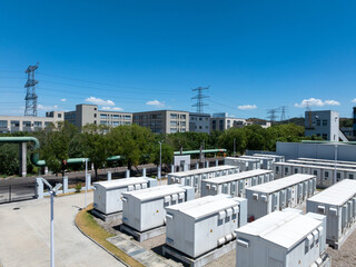Aerial view of battery energy storage systems under a clear blue sky