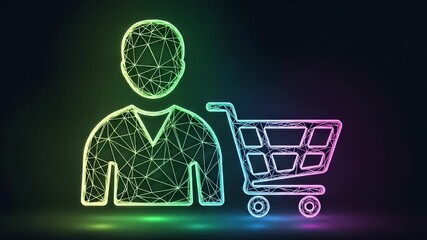 Online Shopping: A stylized illustration depicts a person alongside a shopping cart, suggesting the seamless ease of digital retail and the thrill of instant acquisition.