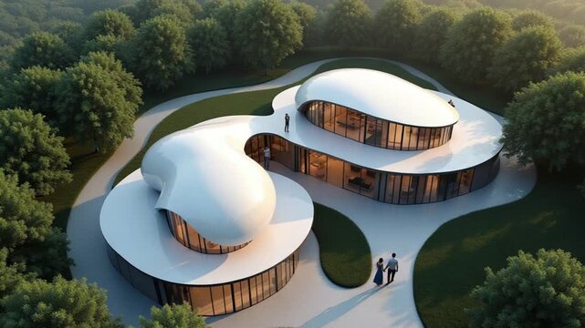 Aerial view Modern futuristic houses in the white round forest. Young couple in love near the house.